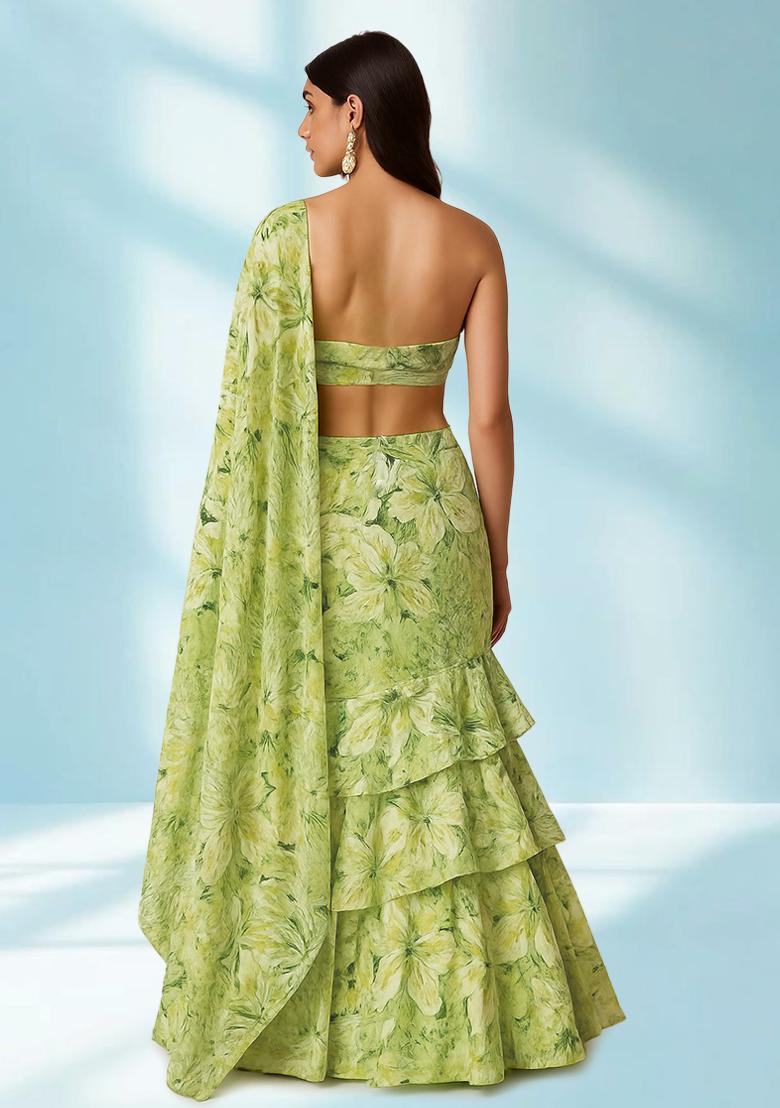 Light Green Printed Organza Pre Draped Saree Set - Indya