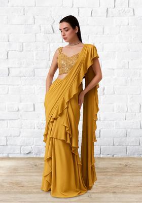Golden Sequin Blouse Georgette Pre Draped Saree Set