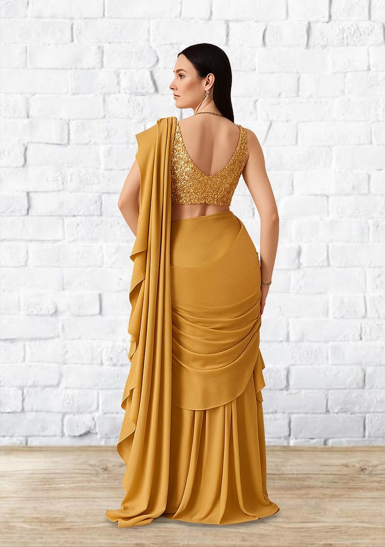 Golden Sequin Blouse Georgette Pre Draped Saree Set - Indya