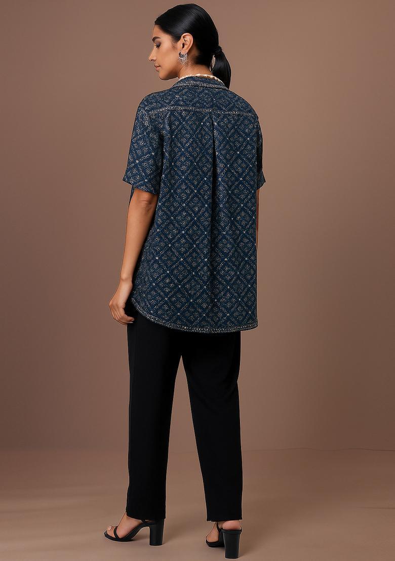 Dark Blue Sequin Denim Shirt - Indya