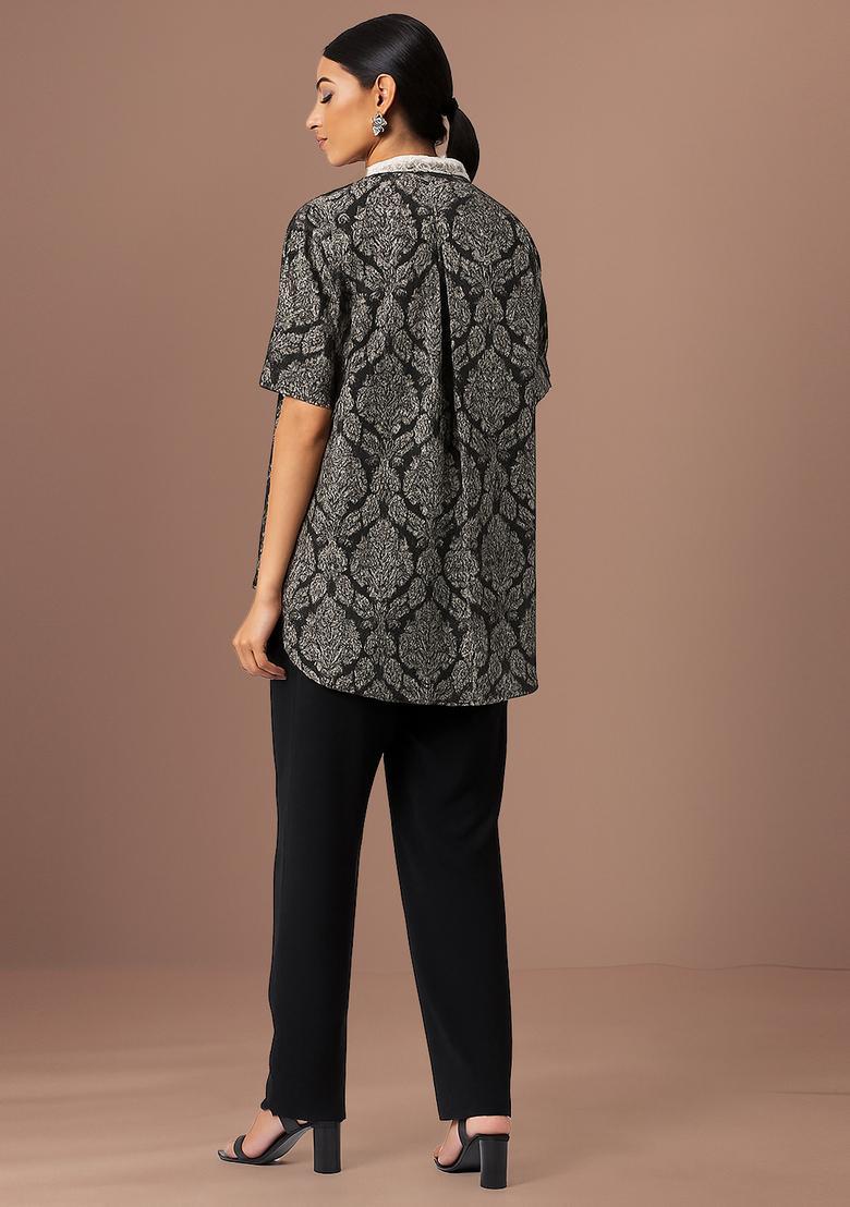 Black And Grey Jacquard Denim Shirt - Indya