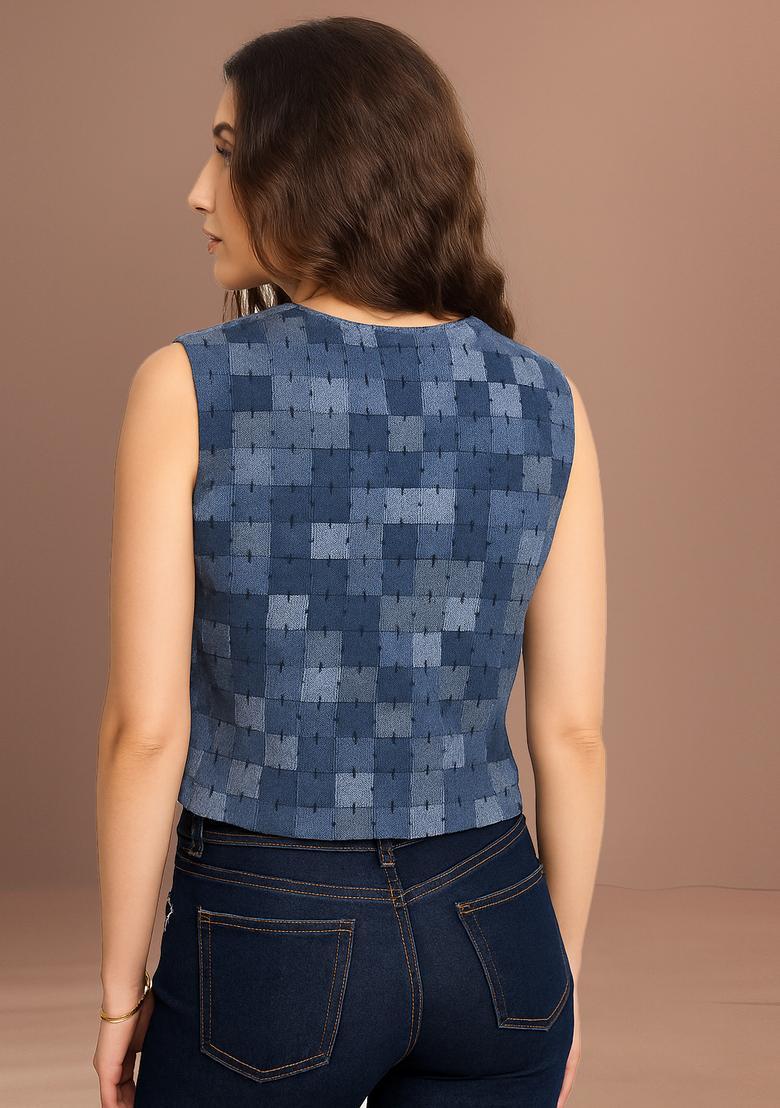 Blue Patchwork Cotton Denim Waistcoat - Indya
