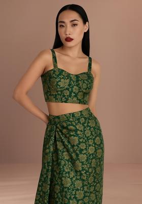 Green Brocade Strappy Crop Top