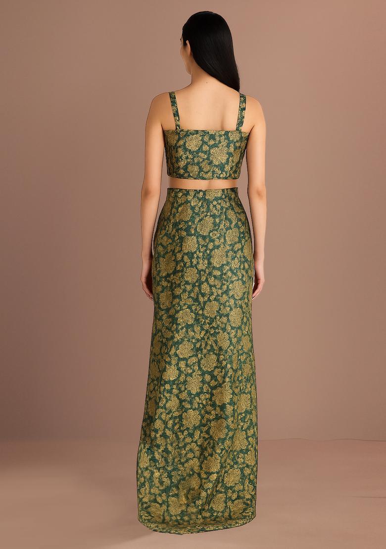 Green Brocade Strappy Crop Top - Indya