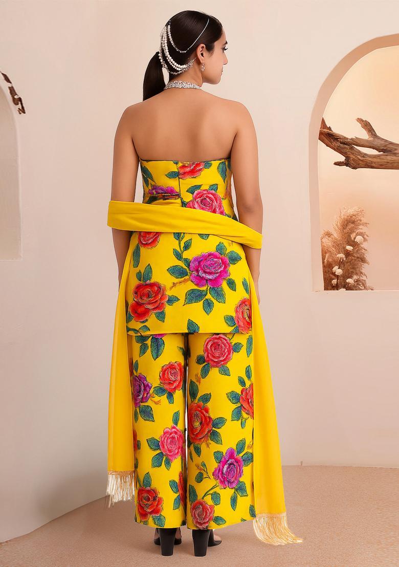 Yellow Printed Crepe Kurta Set - Indya