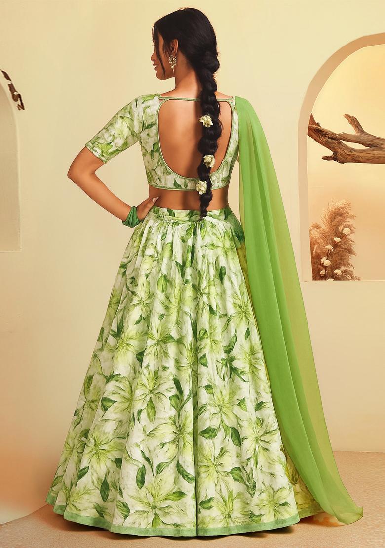 Light Green Printed Organza Lehenga Set - Indya