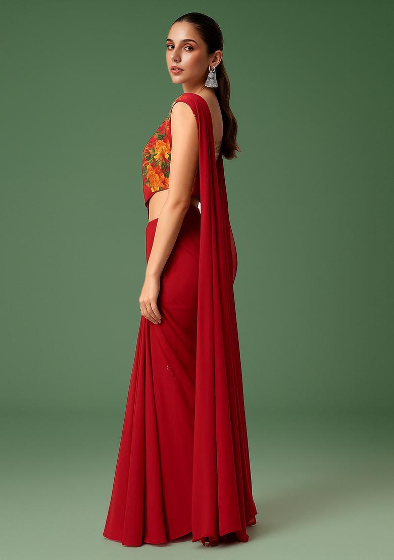 Red Embroidered Blouse Oragnza Pre Draped Saree Set - Indya