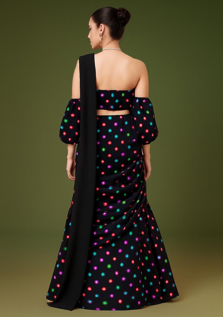 Black Printed Satin Lehenga Set - Indya