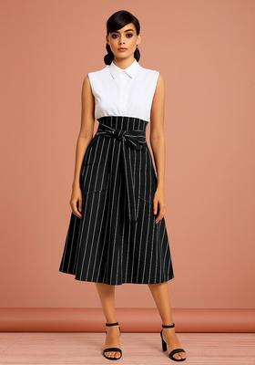 Black Striped Cotton Denim Skirt