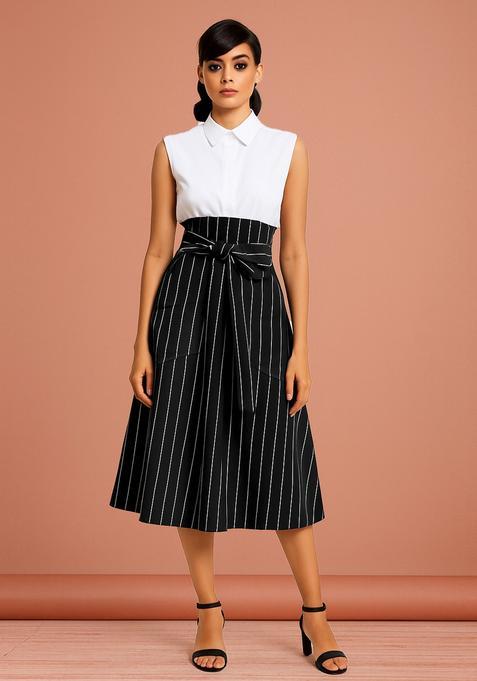 Black Striped Cotton Denim Skirt