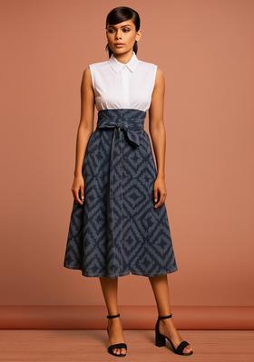 Blue Jacquard Cotton Denim Skirt