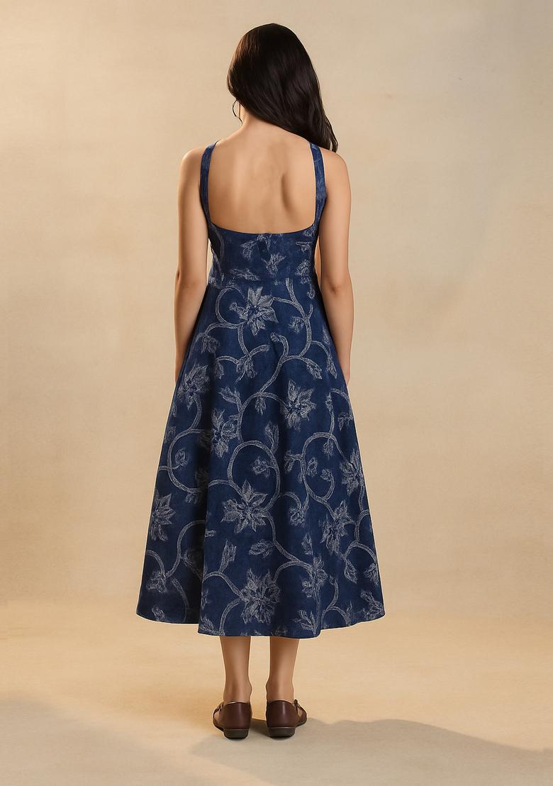 Blue Embroidered Denim Dress - Indya
