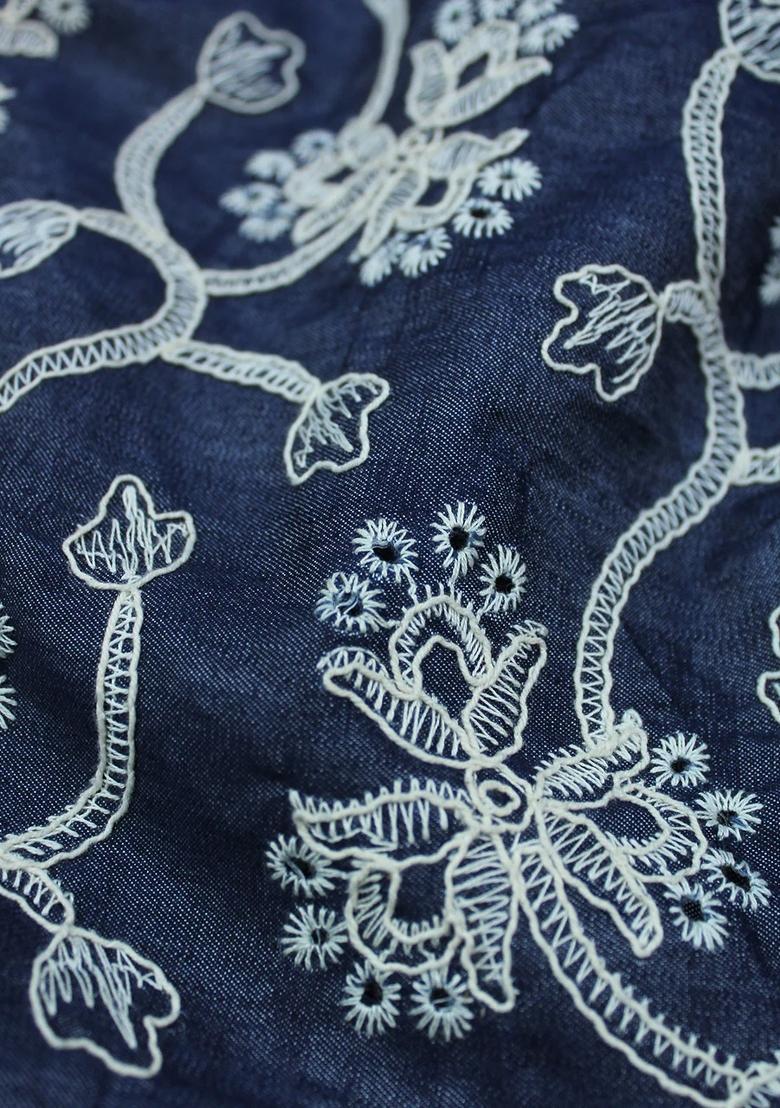 Blue Embroidered Denim Dress - Indya