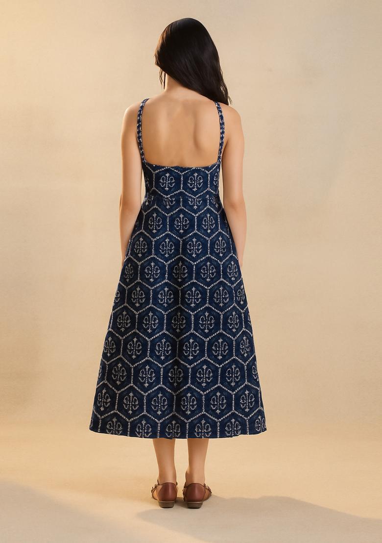 Blue Embroidered Denim Dress - Indya