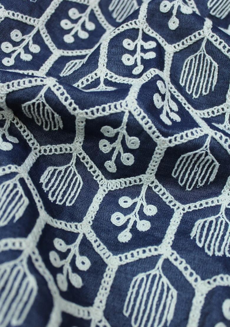 Blue Embroidered Denim Dress - Indya