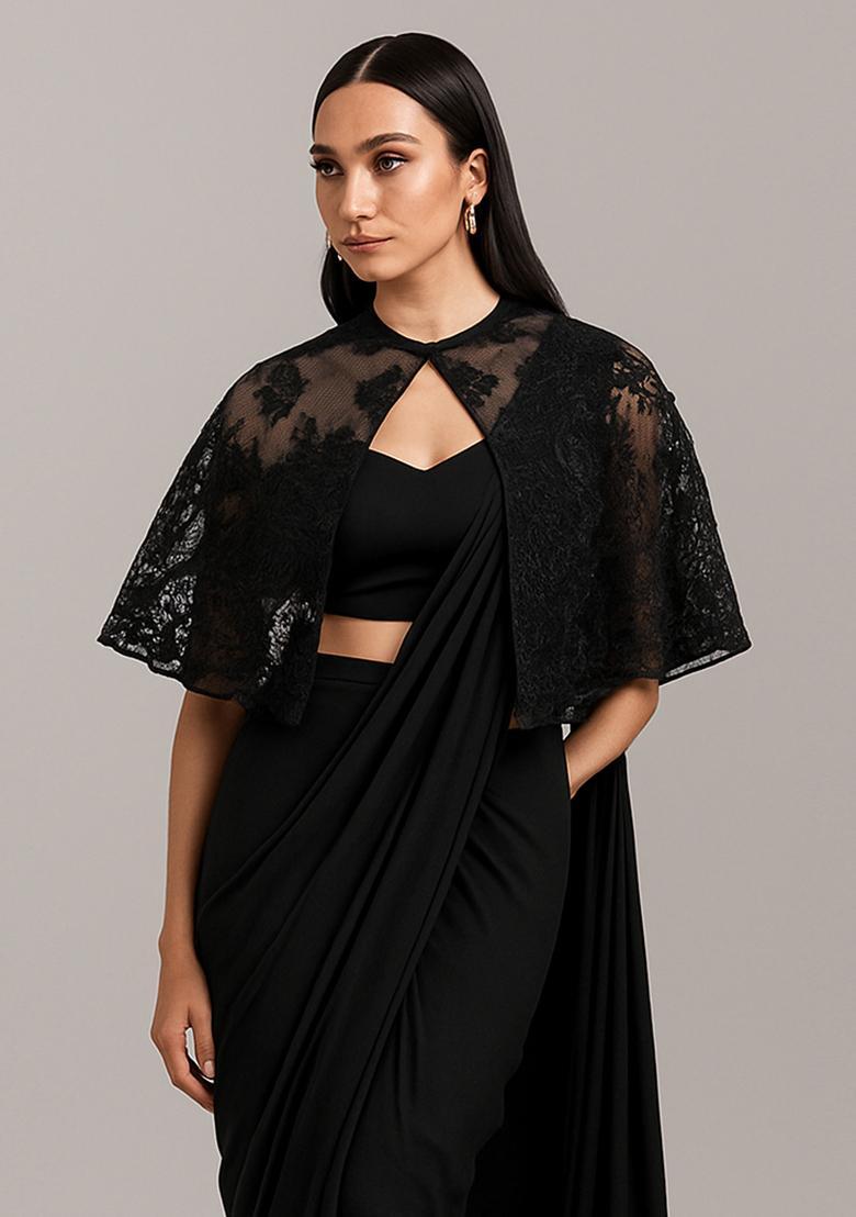 Black Embroidered Blouse Georgette Pre Draped Saree Set - Indya