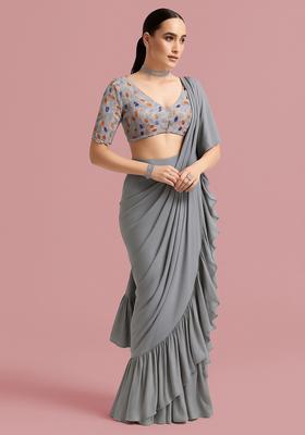 Grey Embellished Blouse Georgette Pre Draped Saree Set
