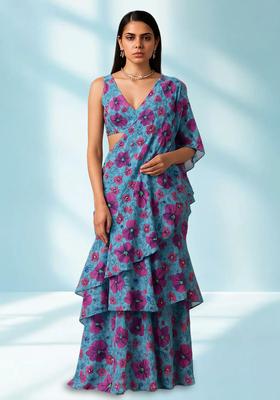 Blue Printed Chiffon Pre Draped Saree Set