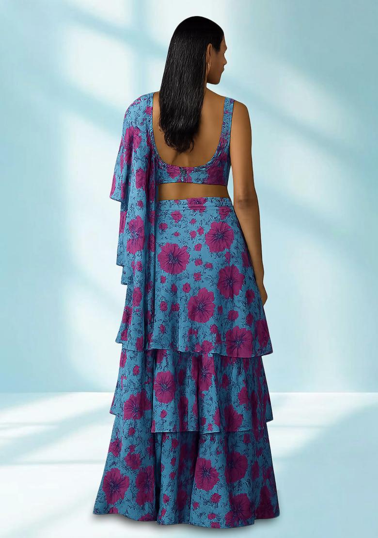 Blue Printed Chiffon Pre Draped Saree Set - Indya