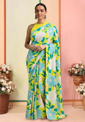 Multicolor Printed Satin Pre Draped Saree Set
