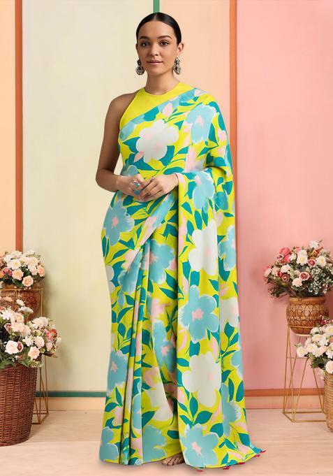 Multicolor Printed Satin Pre Draped Saree Set