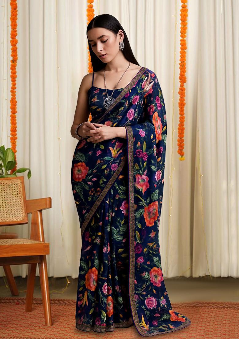 Multicolor Printed Pre Draped Saree Set - Indya