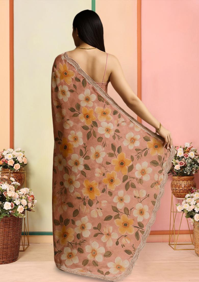 Multicolor Printed Pre Draped Saree Set - Indya
