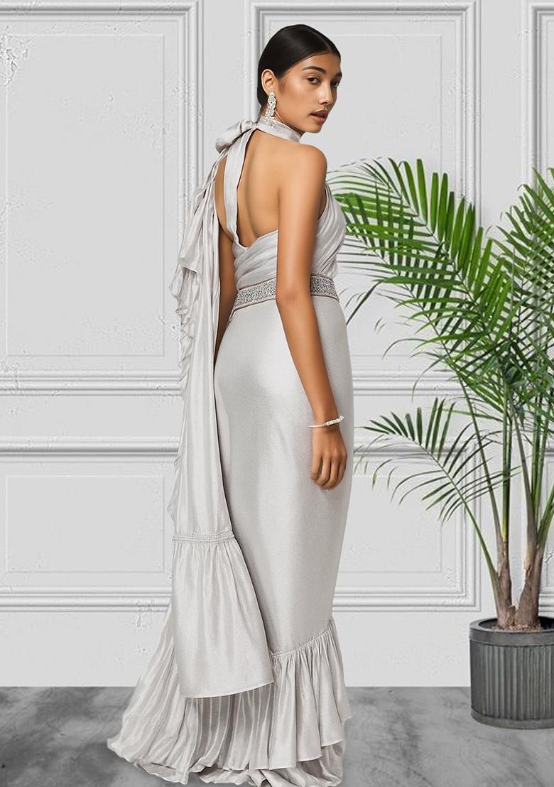 Silver Pre Draped Saree Set - Indya