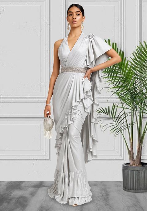 Silver Pre Draped Saree Set