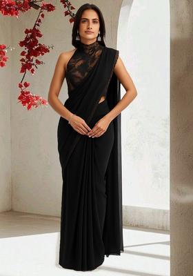 Black Embroidered Blouse Organza Pre Draped Saree Set