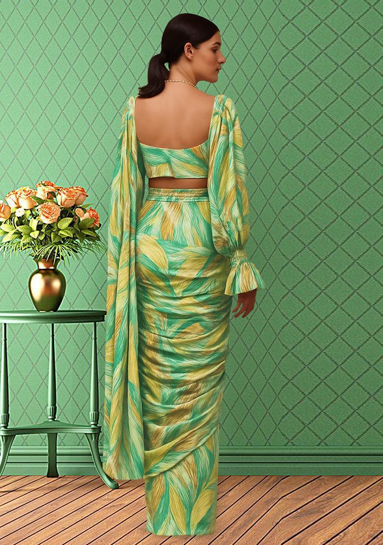 Multicolor Printed Pre Draped Saree Set - Indya