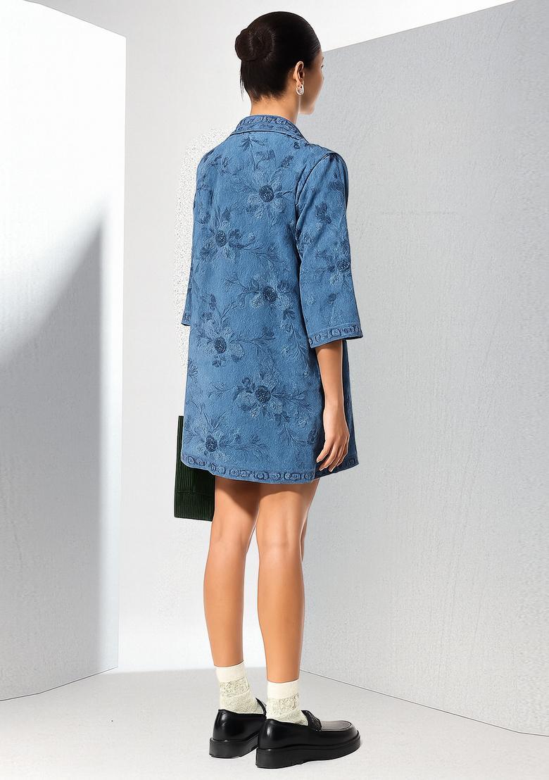 Blue Embroidered Denim Dress - Indya