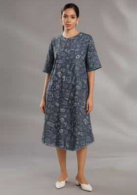 Blue Printed Denim Dress