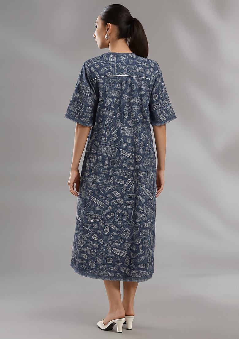 Blue Printed Denim Dress - Indya