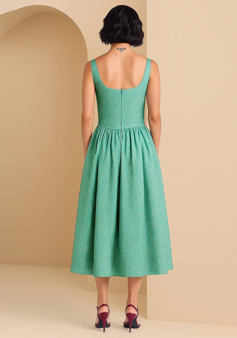 Green Embroidered Brocade Dress - Indya