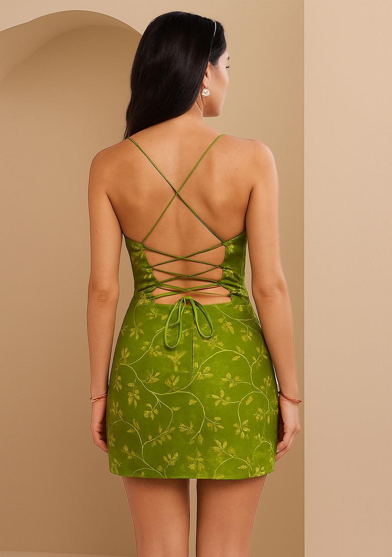 Green Embroidered Brocade Dress - Indya