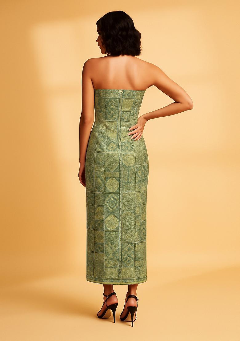 Green Embroidered Brocade Dress - Indya