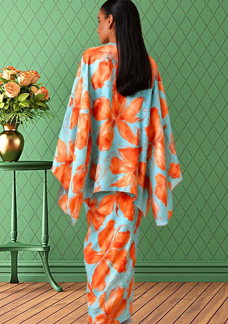 Sky Blue Printed Silk Blend Fusion Set - Indya