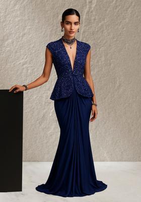 Navy Blue Sequin Blouse Georgette Fusion Set