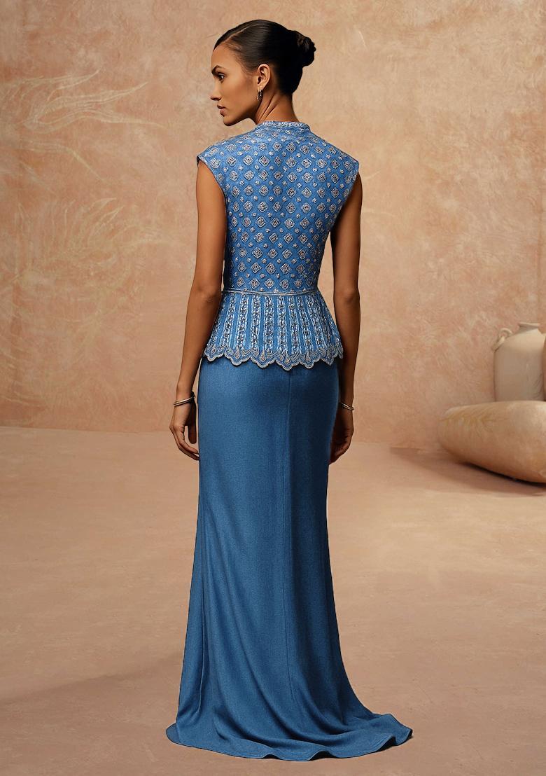 Blue Embellished Blouse Silk Blend Fusion Set - Indya