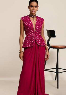 Hot Pink Embellished Blouse Silk Blend Fusion Set