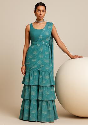 Teal Blue Printed Tusser Silk Blend Fusion Set