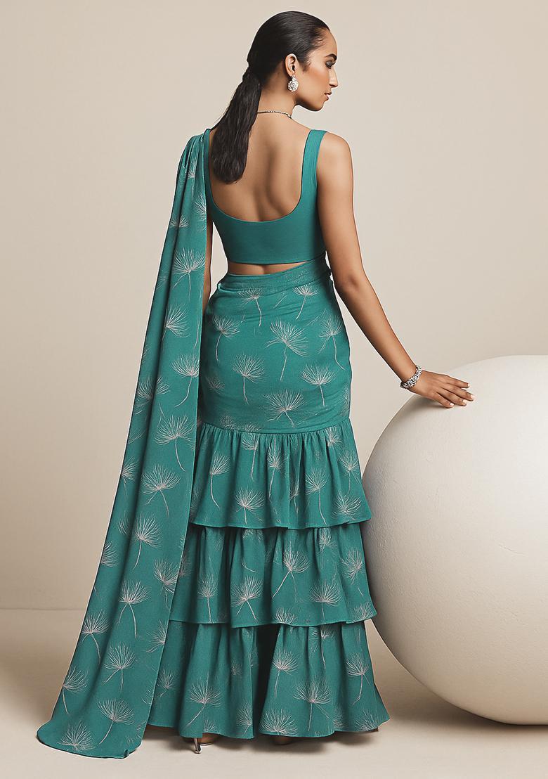 Teal Blue Printed Tusser Silk Blend Fusion Set - Indya