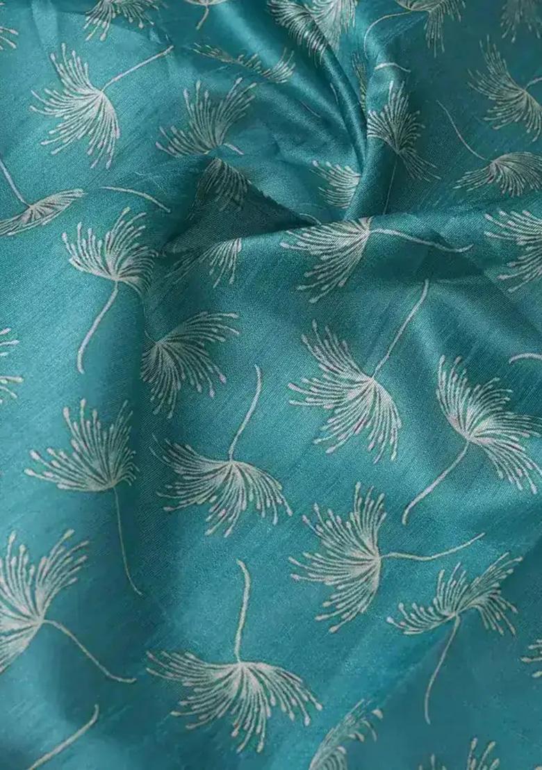 Teal Blue Printed Tusser Silk Blend Fusion Set - Indya
