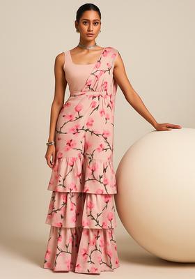 Peach Printed Tusser Silk Blend Fusion Set