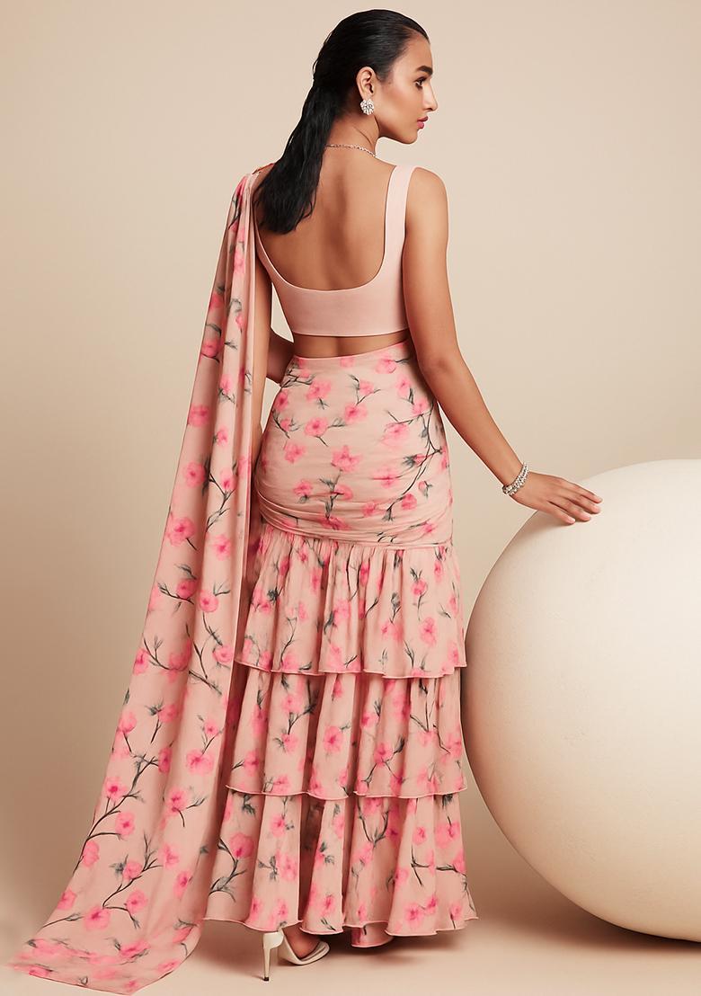 Peach Printed Tusser Silk Blend Fusion Set - Indya