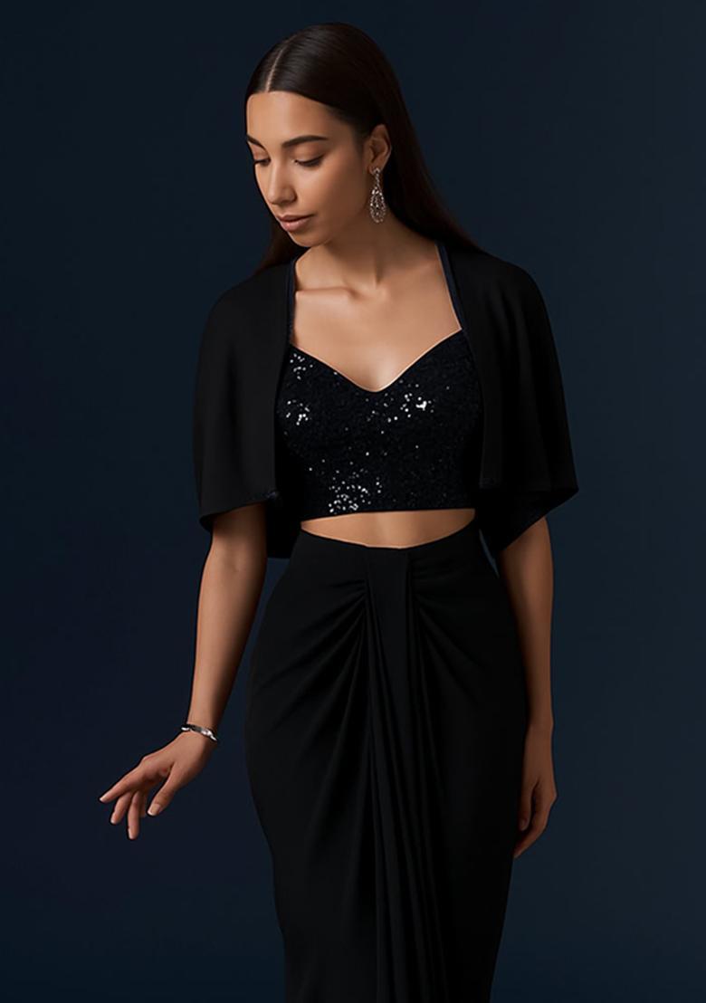 Black Sequin Embroidered Blouse Fusion Set - Indya