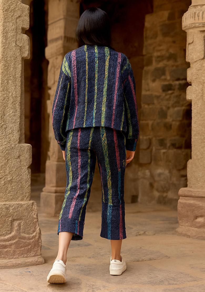 Navy Blue Jacquard Denim Jacket Cords - Indya