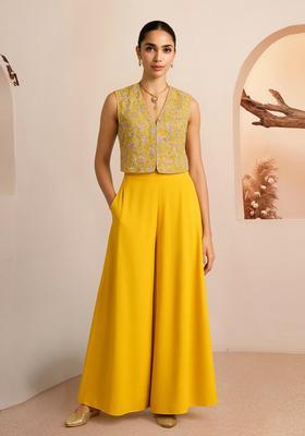 Yellow Embroidered Georgette Fusion Set