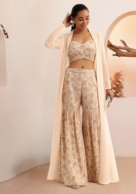 Beige Printed Organza Fusion Set